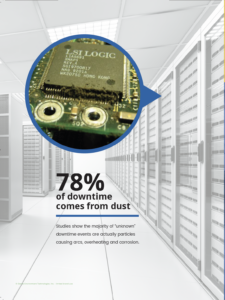 78% of downtime is caused by dust. image of dust on an electronic server board.